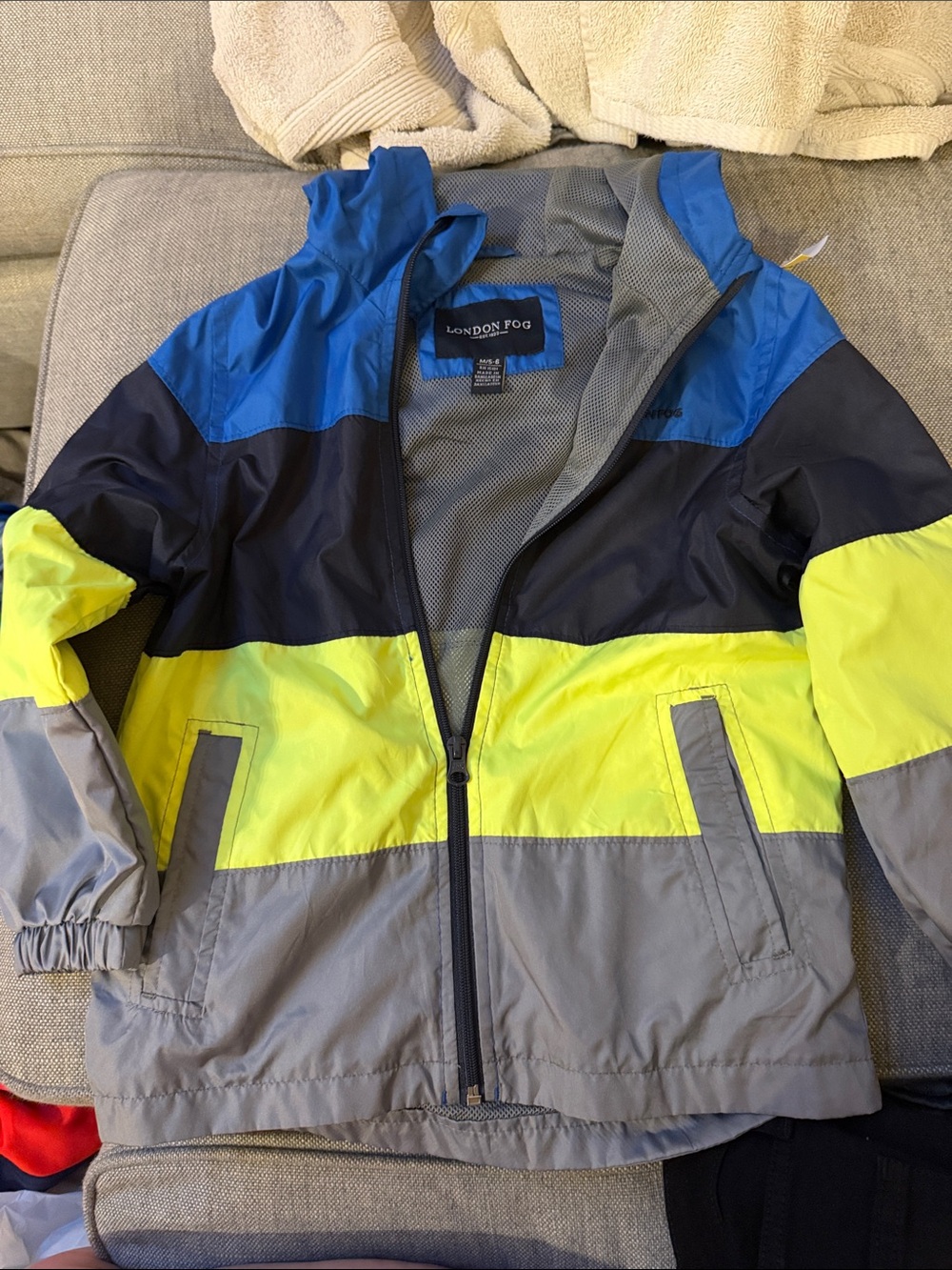 London Fog Boys' Neon Yellow, Blue & Gray Colorblock Rain Jacket